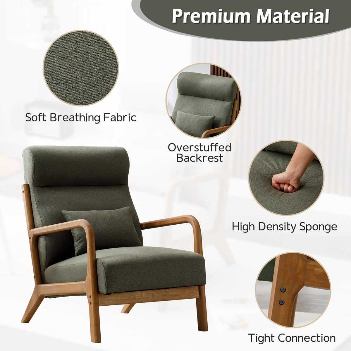 INZOY Mid Century Modern Accent Chair Set of 2, High Back Reading Armchair with Wood Frame, Upholstered Living Room Chairs with Waist Cushion, Single Lounge Arm Chair for Bedroom Sunroom, Green