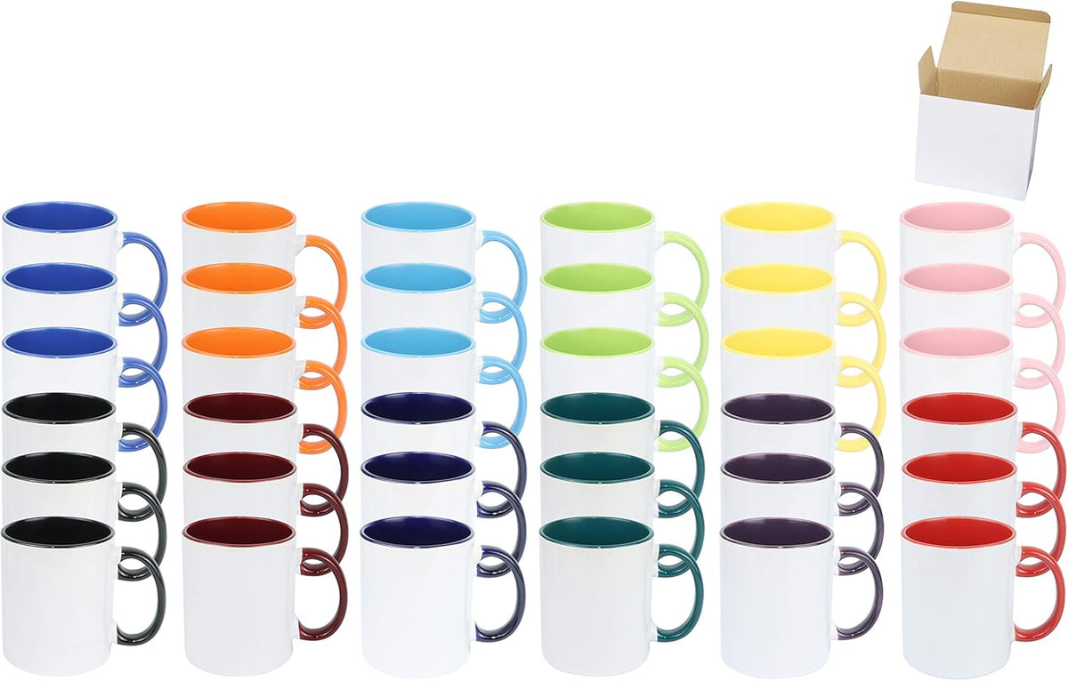 11oz White Ceramic Sublimation Coffee Mug in White Gift Box, 12 Mixed Colors, Case of 36