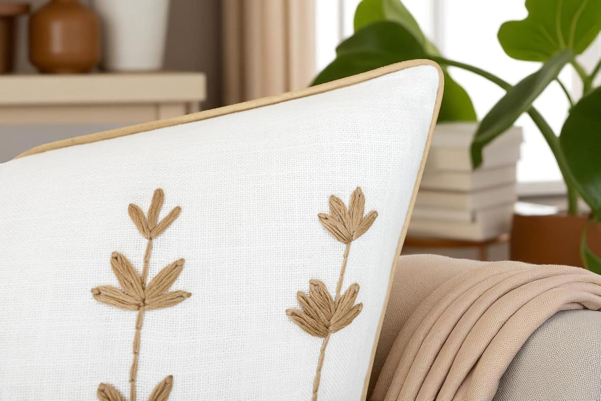 VAGMINE Hand Embroidered Daisy Accent Throw Pillow Cover - 20x20 Inches Square - 100% Cotton Ivory Decorative Cushion Cover for Couch, Sofa, Living Room - Textured Embroidery - Cozy Floral Home Décor