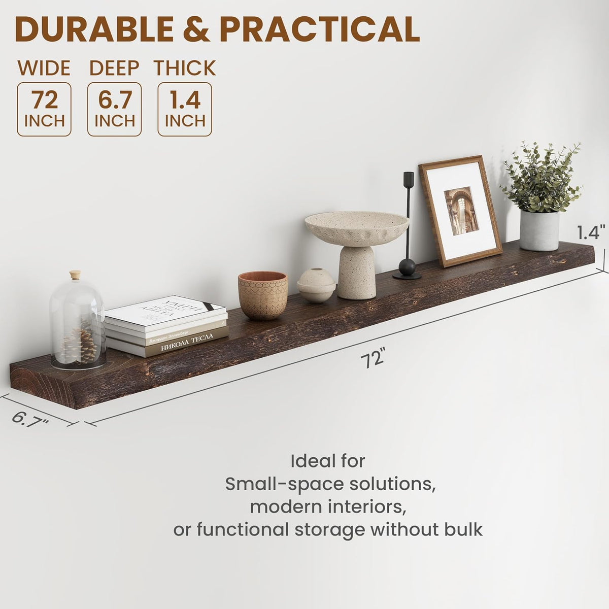 72" Floating Shelves, Live Edge Elm Wood Floating Shelf for Wall, Wall-Mounted Display Shelves with Invisible Heavy-Duty Bracket, Long Floating Shelf for Bathroom, Kitchen, Living Room, Walnut Color