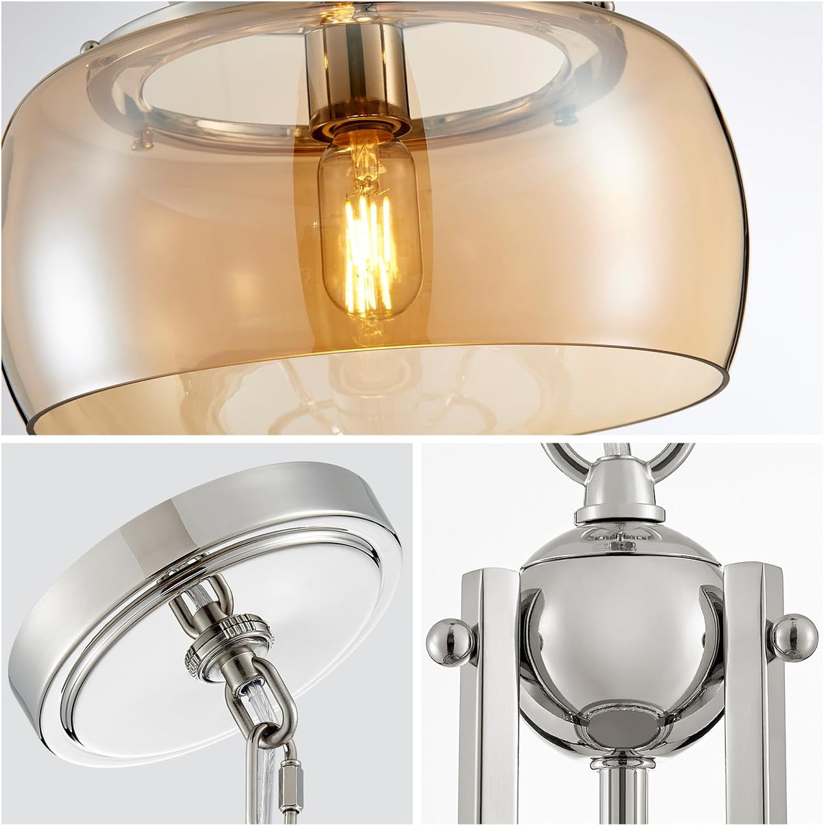 WUZUPS Nickel Chandelier Rustic Farmhouse Industrial Round Ceiling Pendant LED Light Fixture with Amber Glass Shade for Dining Room Kitchen Island Foyer Entryway, H 17" W 13.4", E26 Base