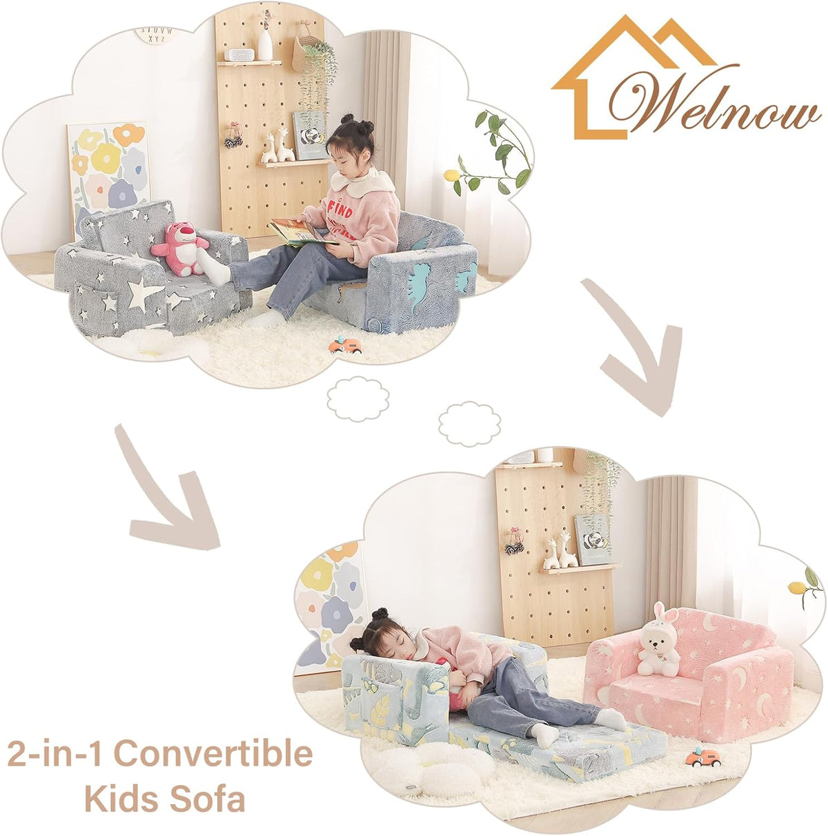 Welnow 2-in-1 Kids Sofa Chair, Glow in The Dark Convertible Toddler Chair Flip Out Children Sofa Folding Kids Play Sofa with Side Pockets & Removable Cover Armrest Chair for Girl or Boy