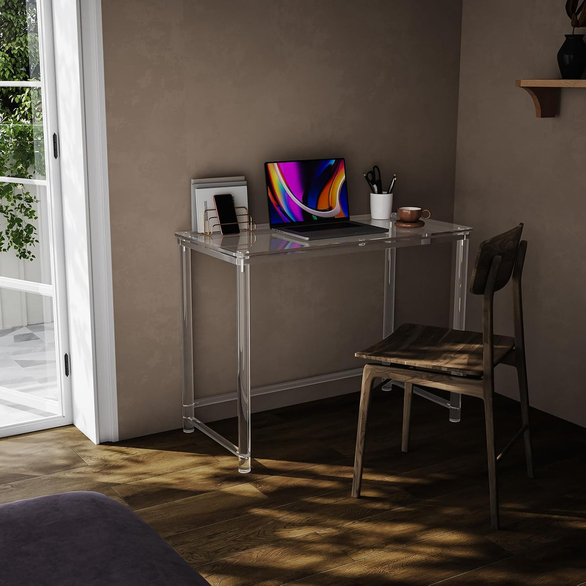 HMYHUM Acrylic Desk, Clear Desk for Home Office for Laptop, Study, Writing, Vanity Table with Cylindrical Legs, Modern, Easy Assembly, 39.4" L x 19.7" W x 29.5" H
