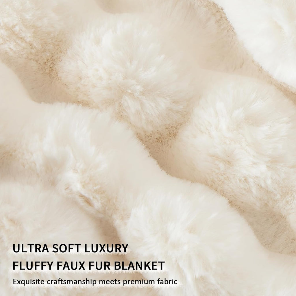 Cozy Faux Fur Throw Blanket for Bed-Warm Fuzzy Throw Blanket, Soft Plush Thick Bubble Blankets for Bedroom and Living Room, Furry Luxury Blanket, 90 x 108, Cream