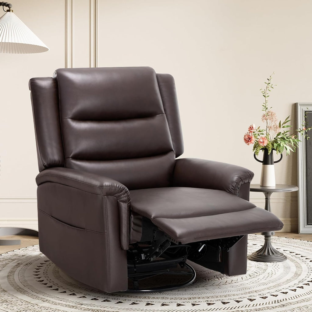 COLAMY Oversized Leather Recliner Chair, 360°Swivel Rocking Manual Recliner with Thick Cushioned Padding Backrest and Wide Seat - Darkbrown