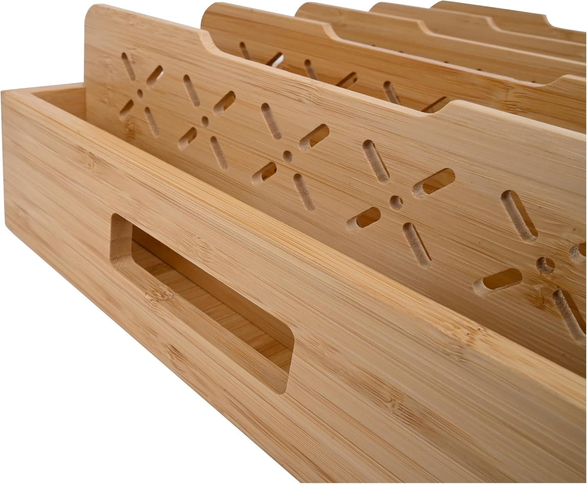 Natural Bamboo Storage Tray with 5 Custom Dividers, Deep Drawer Organizer for Kitchen, Small Cabinets, Home Office & Living Room
