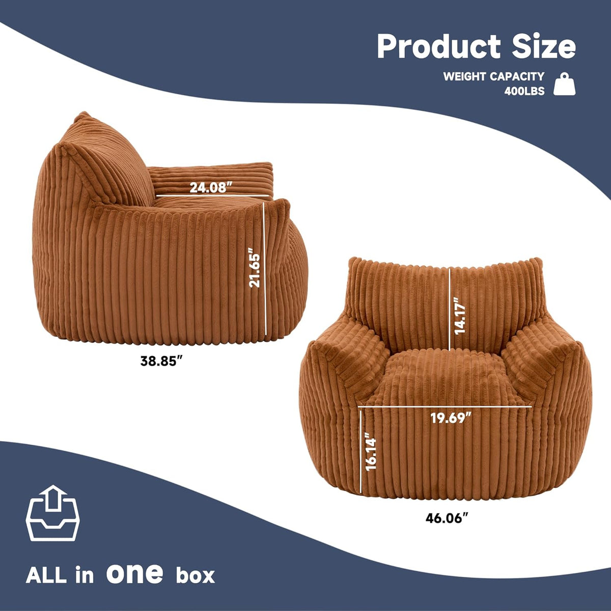 Oversized Bean Bag Chair for Adults, Giant Comfy Plush Boneless Bean Bag Couch with Filler for Kids - Reading Chair for Living Room, Bedroom & Dorm, Single Accent Chair Floor Lounger, Orange