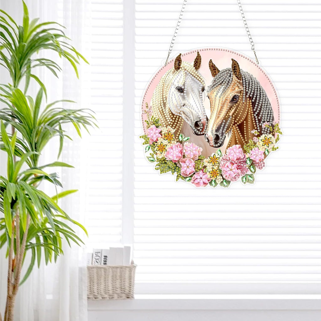 Lxmsja DIY Two Horses Diamond Painting Hanging Ornament, Double-Sided Acrylic Flowers Diamond Art Kit, Special Shaped Drill Pendant Window Art Kit, Suncatcher Hanging Craft Decoration 8x8 inch