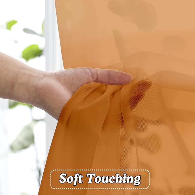 2 Panels Solid Color Orange Sheer Curtains 96 Inches Long, Elegant Window Voile - Image 4