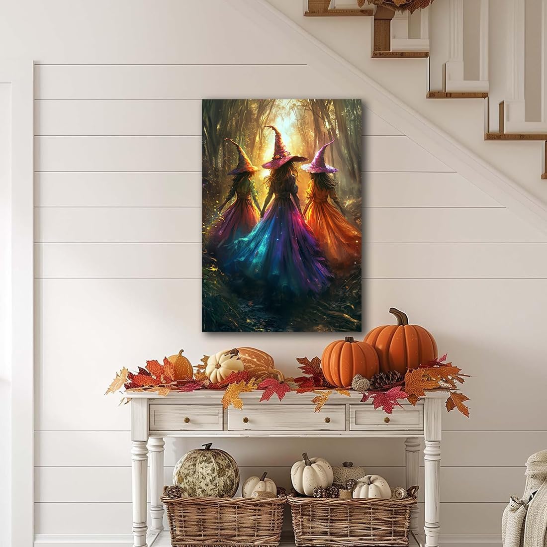 Halloween Room Decor Wall Art Colorful Witch Prints,Vintage Three Colorful Witches in Forest Halloween Posters,Fall Fantasy Aesthetic Pictures Playful Art Wall Decor for Bedroom,24"x36" Framed