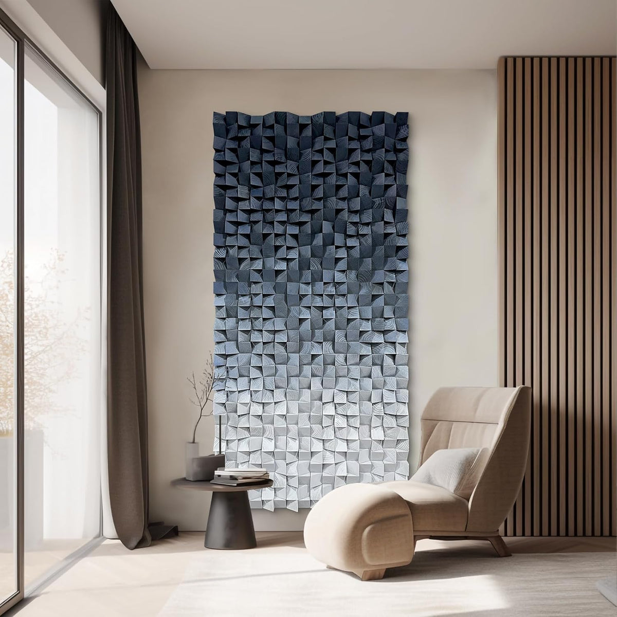 LIUZEYUE - 3D wooden block decoration painting art wall decoration 3D wooden background wall living room bedroom study (blue gray gradient) 27.5"x55.1"
