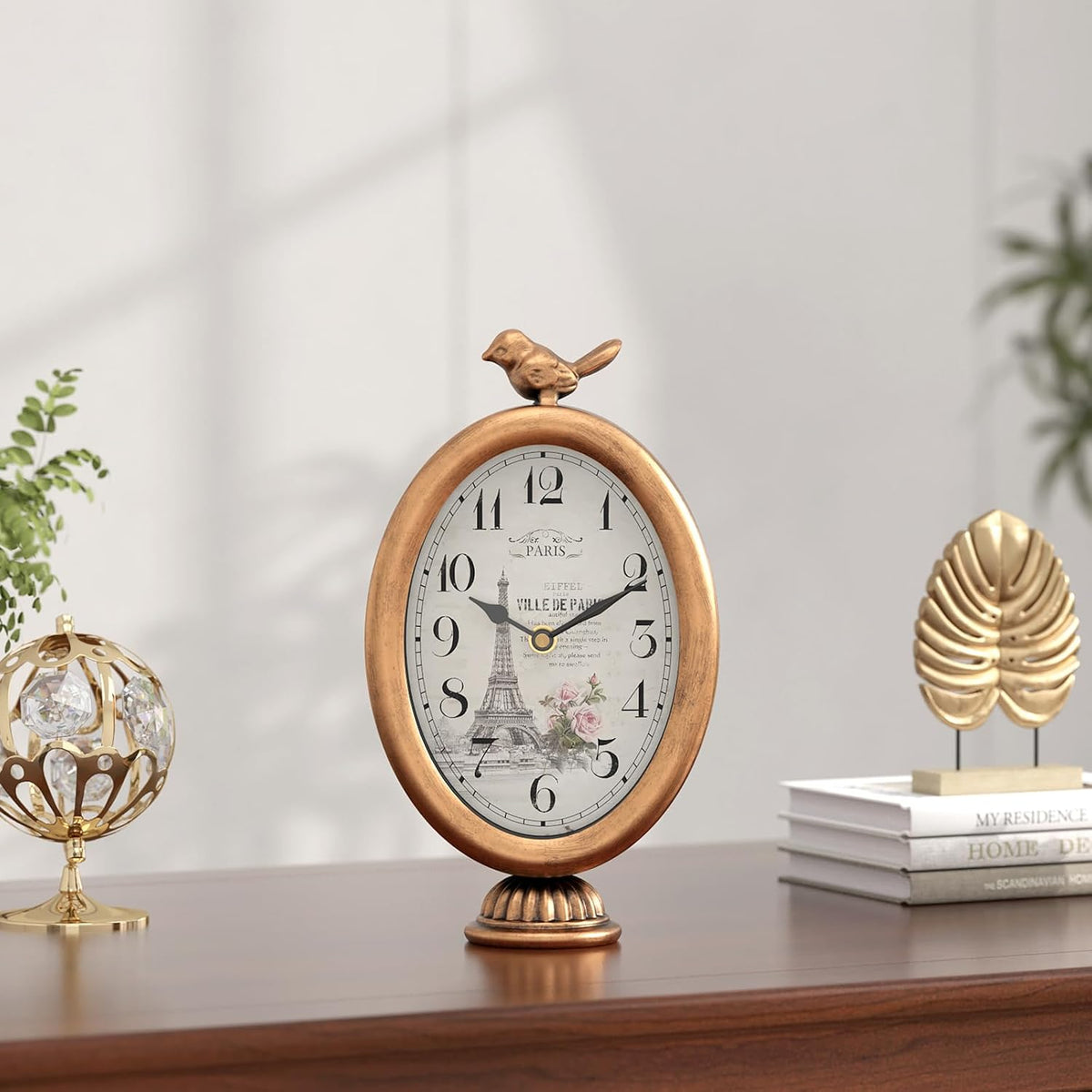 Vintage Table Clock with Bird, Desk and Shelf Decor Clock, French Paris Style, Antique Gold Metal Mantel Clocks for Living Room, Farmhouse, Bedroom, Bedside, Gift (10" H x 5.9" W)