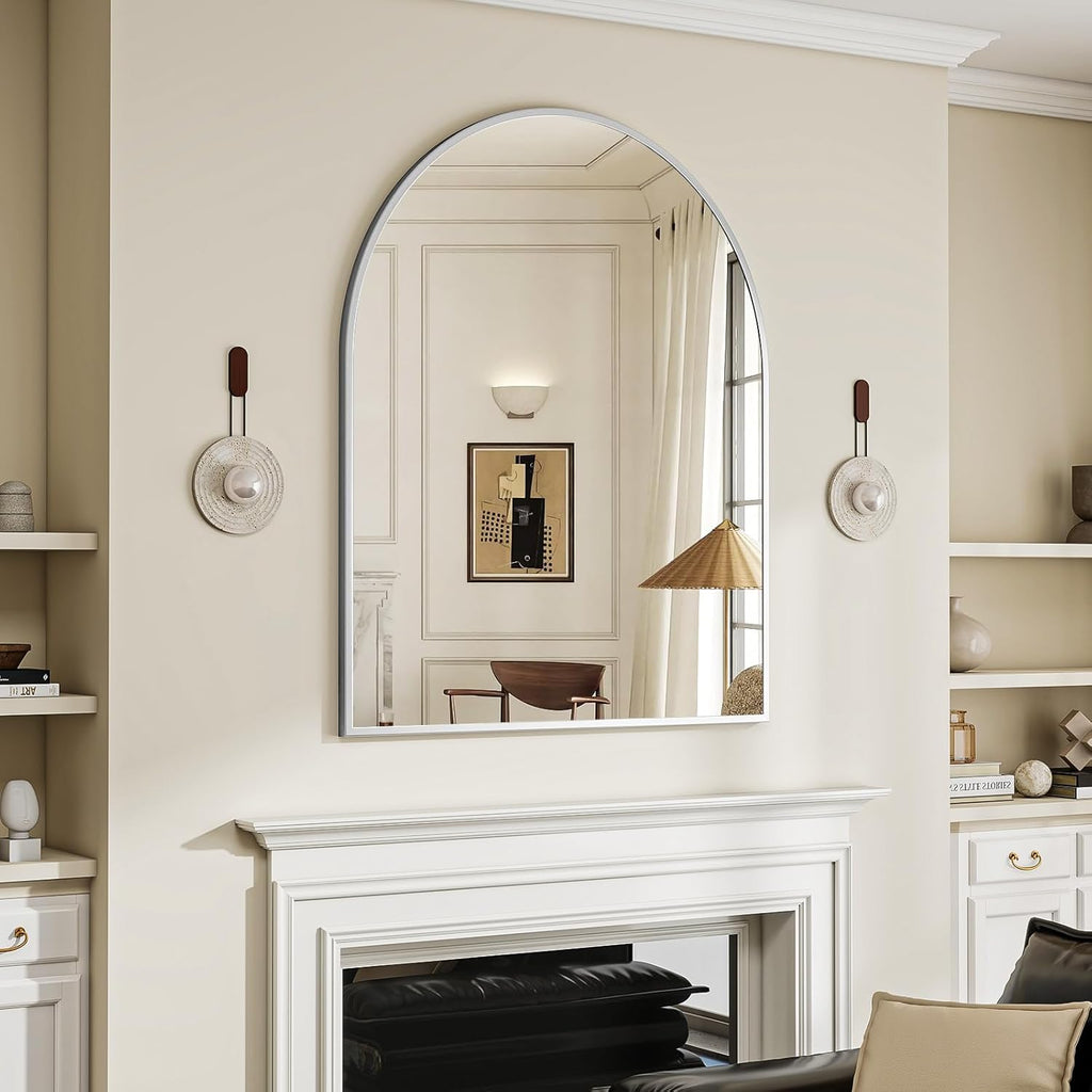 BEAUTYPEAK 32"x42" Arch Bathroom Mirror, Wall Mounted Vanity Metal Frame Mirror for Bedroom, Entryway, Living Room, Silver