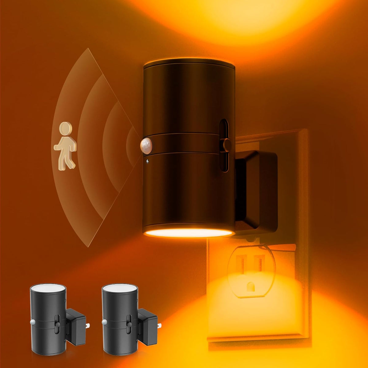 L LOHAS LED Motion Sensor Night Light, Amber Nightlights, [2 Pack] Motion Activated Nightlight, Dimmable Night Light, Yellow Nightlight, 0-100LM, Sleep Light for Bathroom Hallway Bedroom Stairway