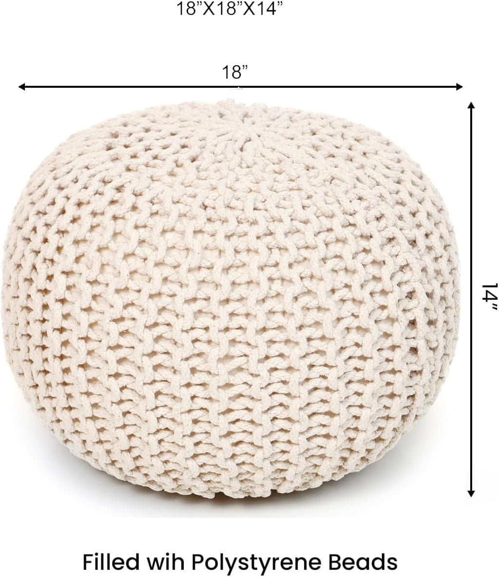 REDEARTH Round Pouf Ottoman –18"x18"x14" Hand-Knitted Cotton Pouffe –Cable Footstool –Boho Dori Hassock –Pre-Stuffed Poof – Extra Seat -Poofy Footrest for Living Room, Bedroom, Nursery, Nook –Ivory
