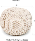 REDEARTH Round Pouf Ottoman –18"x18"x14" Hand-Knitted Cotton Pouffe –Cable Footstool –Boho Dori Hassock –Pre-Stuffed Poof – Extra Seat -Poofy Footrest for Living Room, Bedroom, Nursery, Nook –Ivory