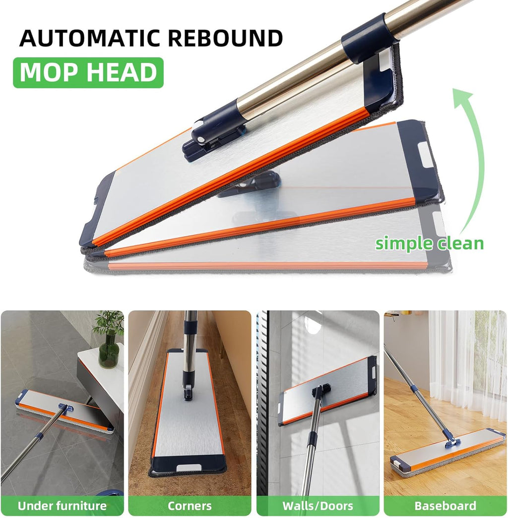 Mop and Bucket Set with Wringer for Home, 360° Flat Squeeze Mop with Long Handle and 6 Microfiber Cloths for Floor Cleaning (White+Blue, Slim Bucket and 15.7'' Aluminum Alloy Mop Head)