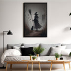 JFHCQJPK Vintage forest witch and black cat poster Halloween mural poster decoration mural art magic suitable for home living room bedroom8x12in Metal blackFramed