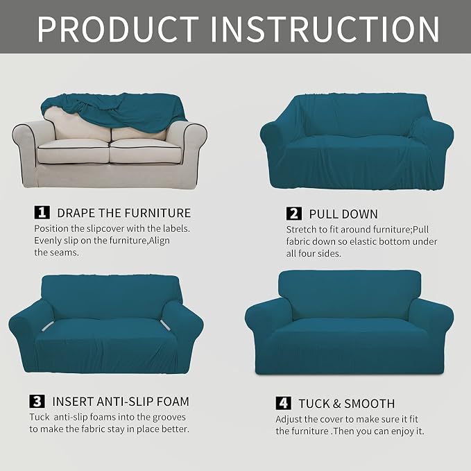 Easy-Going Stretch Loveseat Couch Covers Washable Peacock Blue | 1-Piece - Image 8