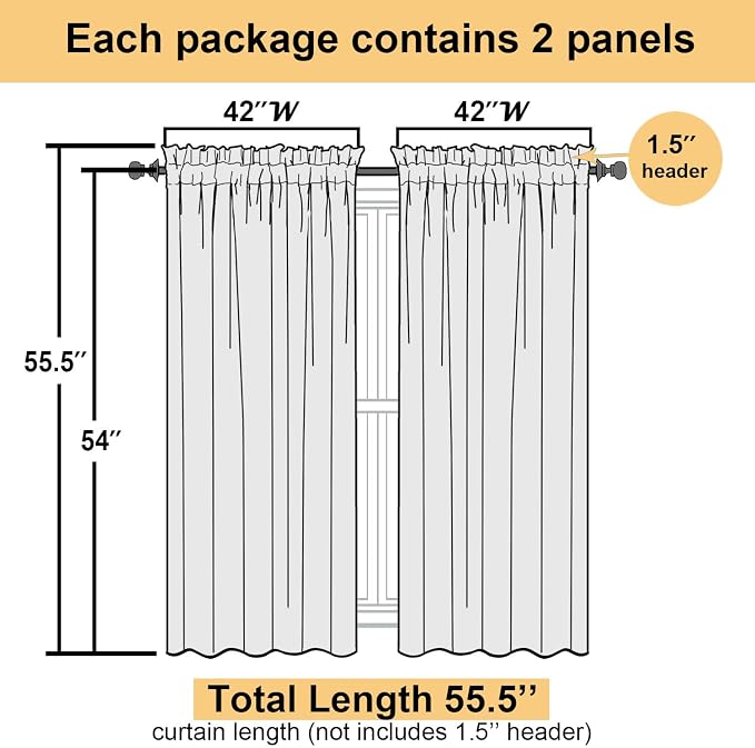 Lemon Sheer Curtains for Living Room 54 Inch Length 2 Pcs, Solid Color Voile - Image 3