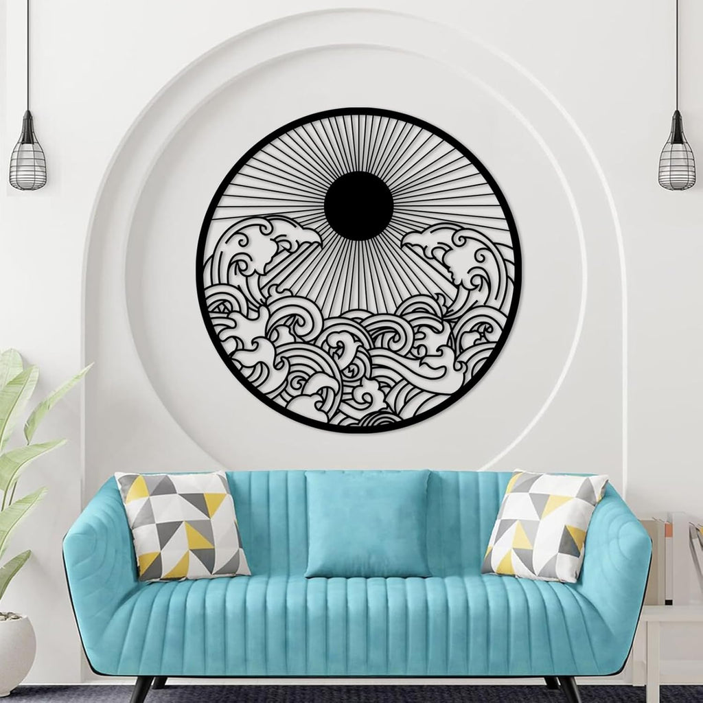 flyoak Metal Sun Wall Decor Outdoor, Sunrise Metal Wall Art, Metal Wave Wall Art, Sunrise and Wave Wall Decor, Sunburst Wall Art, Sunset Wall Art, Wall Hangings for Bedroom (White, 35x35in|90x90cm)