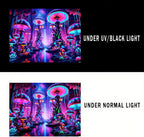 BlissYard Blacklight Tapestry UV Reactive Mushroom Tapestries Fantasy Mountain Forest Landscape Tapestry Mysterious Jungle Moon Night Neon Flower Wall Hanging Glow in the Dark Backdrop 59" x 80"