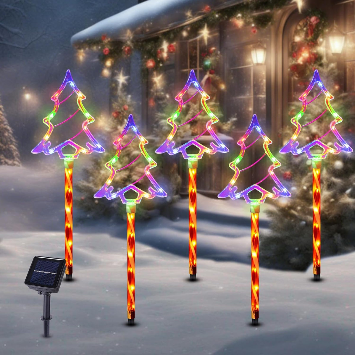 Christmas Solar Pathway Lights Outdoor Decorations， 8 Modes Xmas Tree Candy Lights Waterproof Led Garden Stake Light for Walkway Yard Lawn Porch Holiday Decor 5-Pack (Multicolor Tree, 5 Pack)
