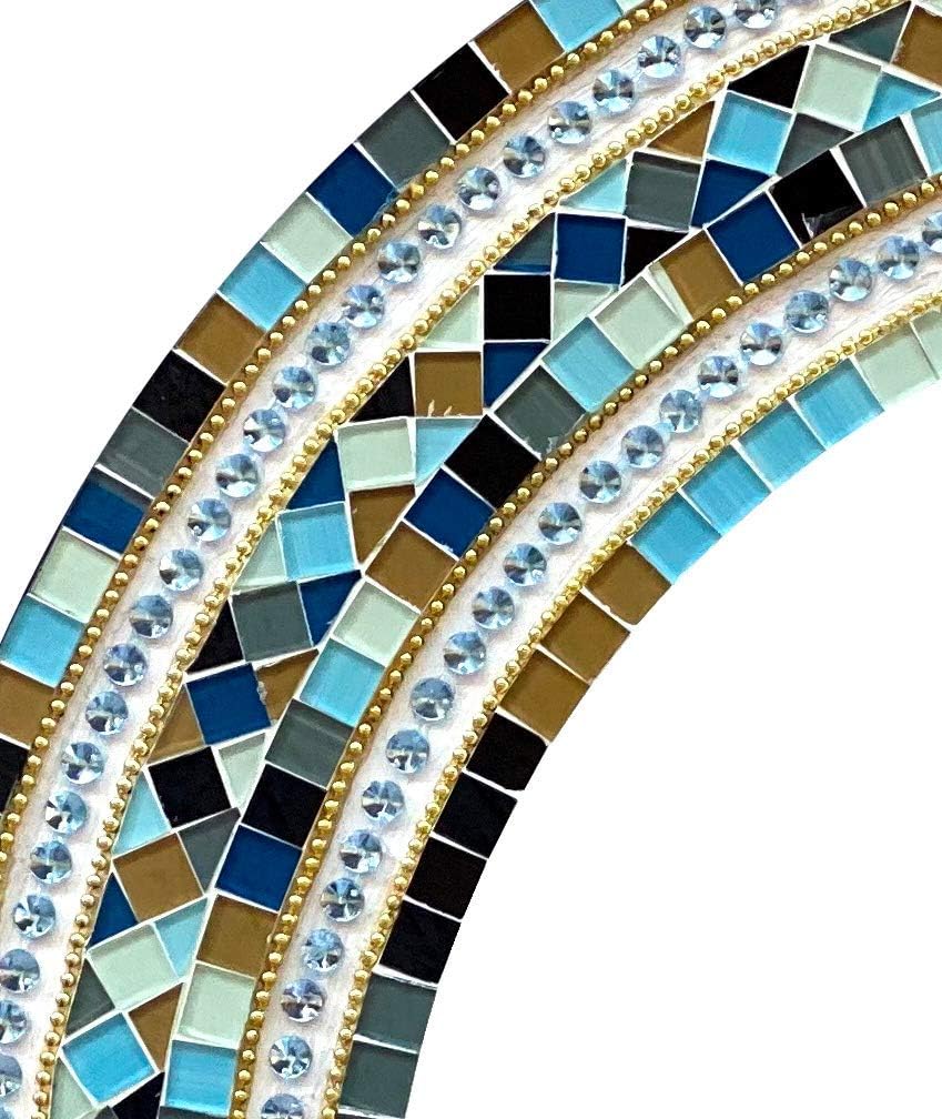Mosaic Mirror, Wall Art Décor – Handcrafted Decorative Wall Mirror, Light and Navy Blue, Brown, Gray, and Black Round Mosaic