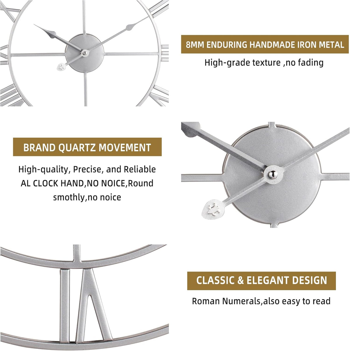 Large Wall Clock for Living Room Decor - 47cm/ 18 Inches Silent Non-Ticking Metal Wall Clocks Battery Operated, Vintage Decorative Modern Wall Clock for Bedroom, Office, Farmhouse Decor