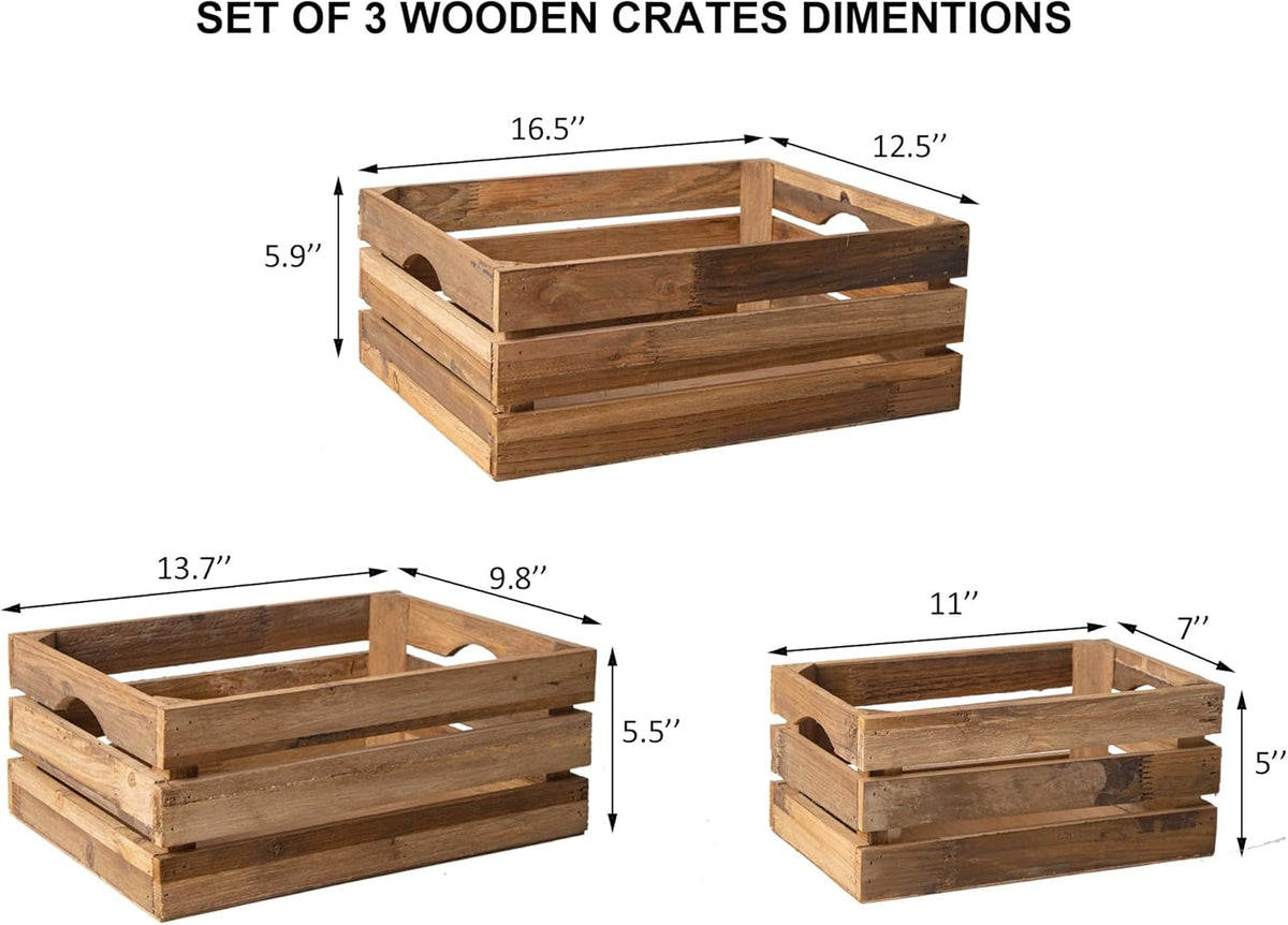 Set of 3 Nesting Wooden Crates, Rustic Wooden Storage Container Boxes with Cutout Handles, Decorative Farmhouse Wood Baskets for Display (Natural)
