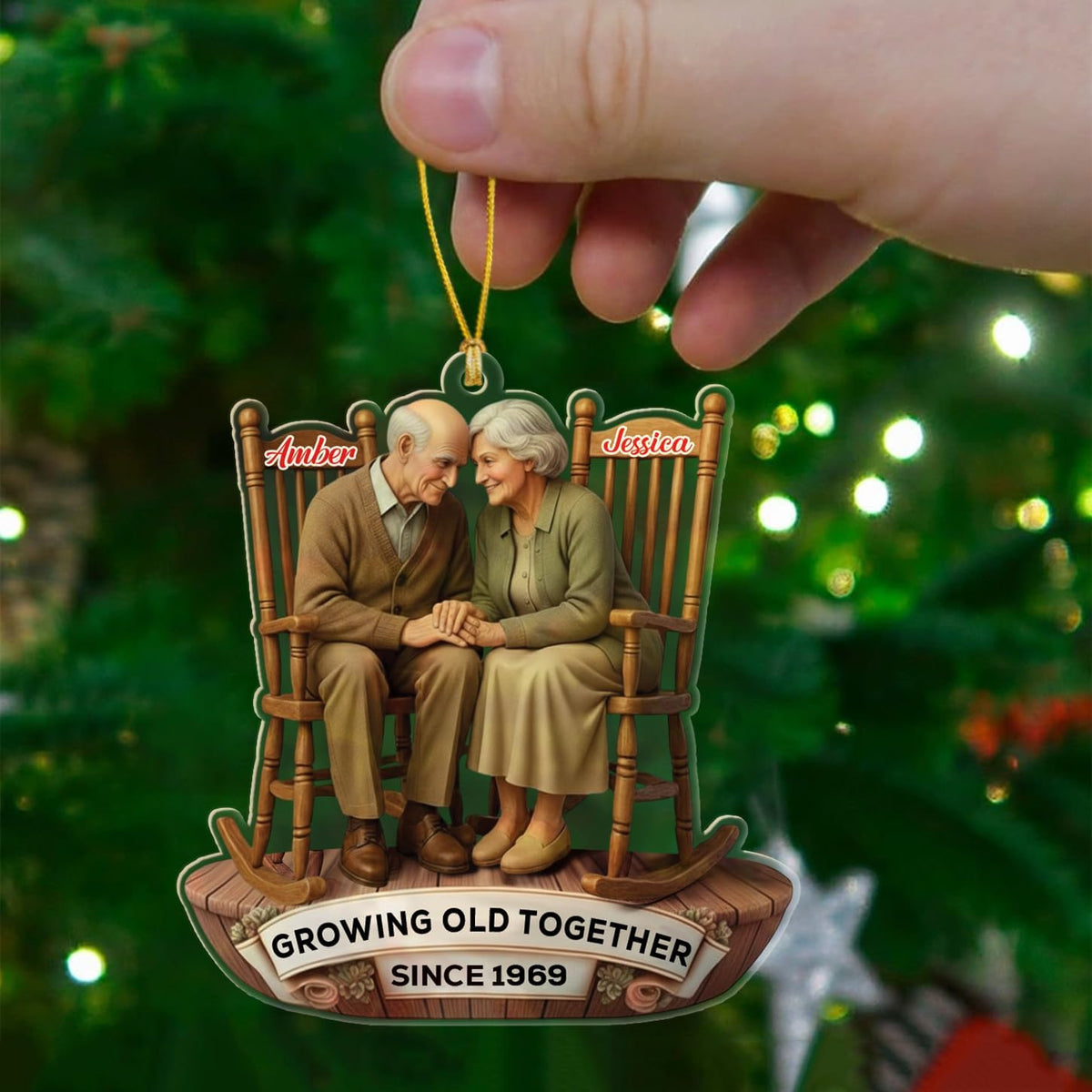 Custom Old Couple Sitting On Rocking Chairs Growing Old Together Since Christmas Ornament 2025, Personalized Year & Names Mr & Mrs Ornament Gift for Grandparents Grandpa Grandma/Husband Wife Dad Mom