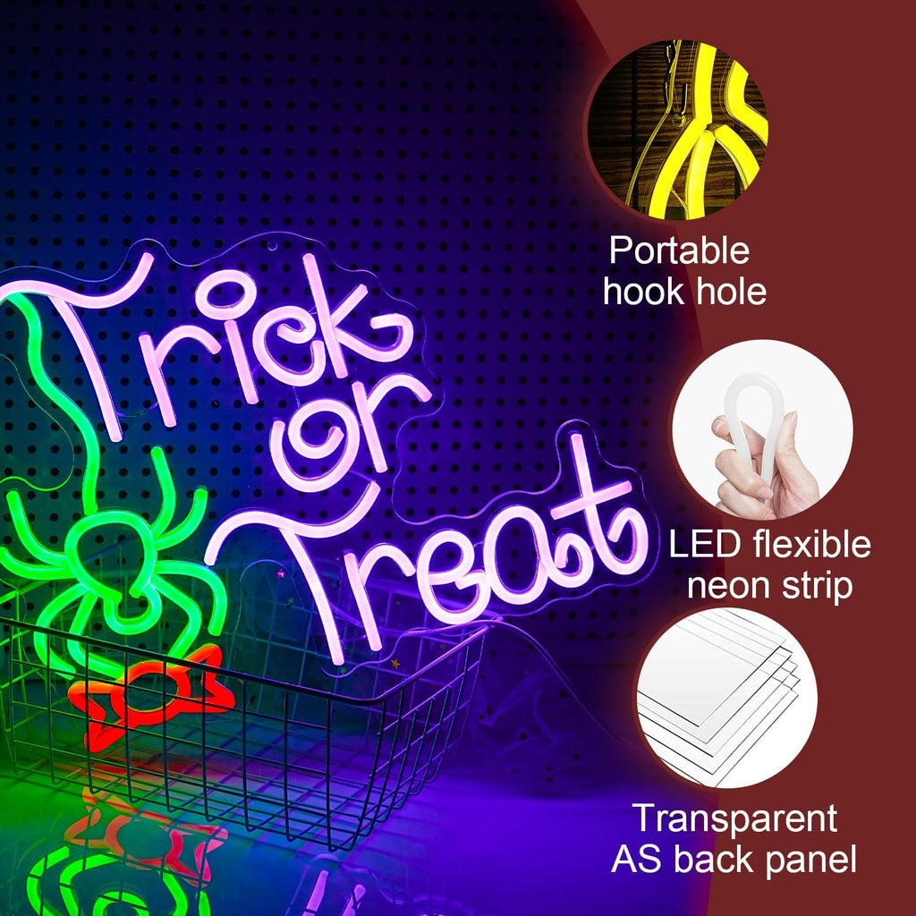 Trick Or Treat Neon Sign Funny Spider Candy LED Neon Light for Wall Decor Dimmable USB Halloween Light Up Sign for Halloween Party Home Neon Decor (16.7 * 12.8In)