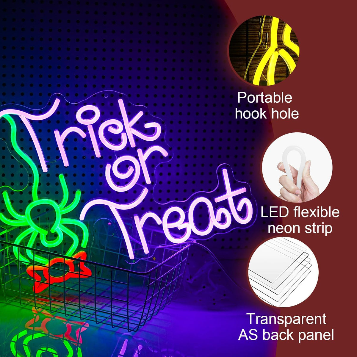 Trick Or Treat Neon Sign Funny Spider Candy LED Neon Light for Wall Decor Dimmable USB Halloween Light Up Sign for Halloween Party Home Neon Decor (16.7 * 12.8In)