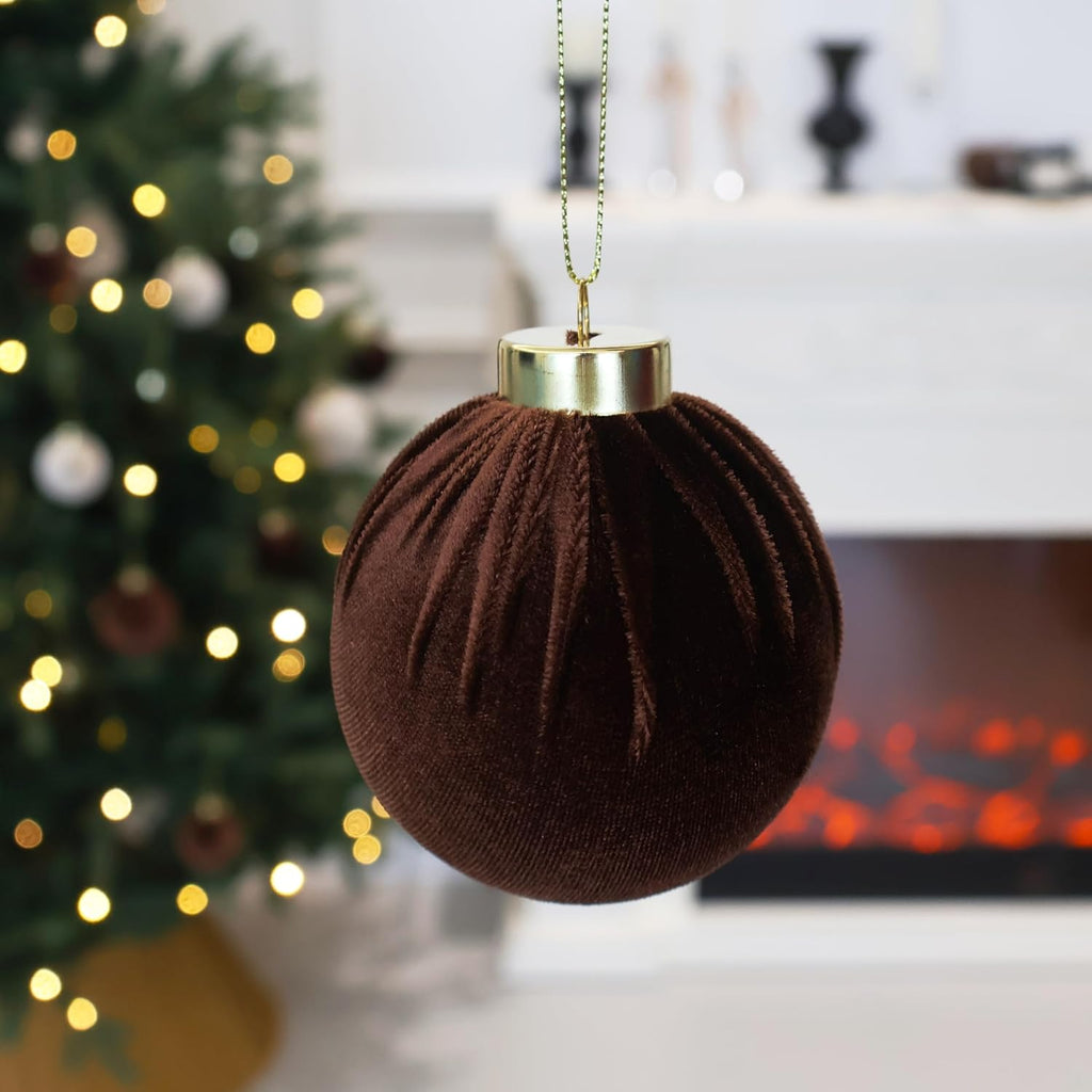 6inch Big Brown Velvet Christmas Ornaments, 2pcs Flocked Ornaments Balls Sets for Christmas Tree Decorations