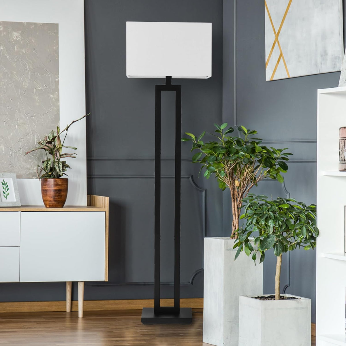GLOBE Electric 67046 58" Floor Lamp, Matte Black Finish, White Linen Rectangular Shade, Modern Geometric Cutout Design, E26 Base