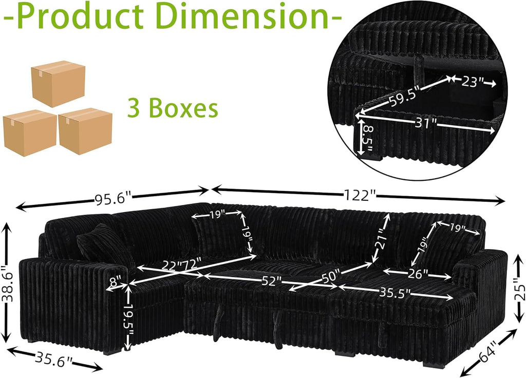 THSUPER 122-Inch Oversized U Shaped Plush Corduroy Fluffy Sectional Sleeper Sofa with Pull Out Bed, Storage Chaise Lounge and USB Charging Port - Black