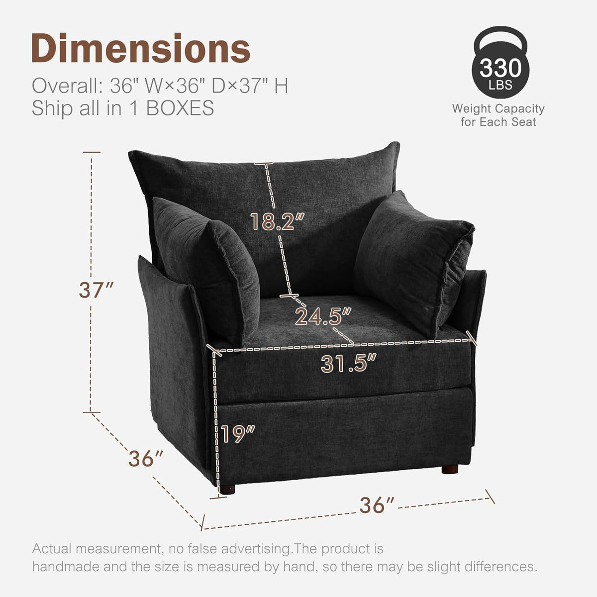 Oversized Accent Chair, Upholstered Modern Sofa Chair with Removable Backrest & Detachable Cover, 24.5" Deep Seat Large Reading Armchair for Living Room Bedroom Office - Chenille Black Set of 1