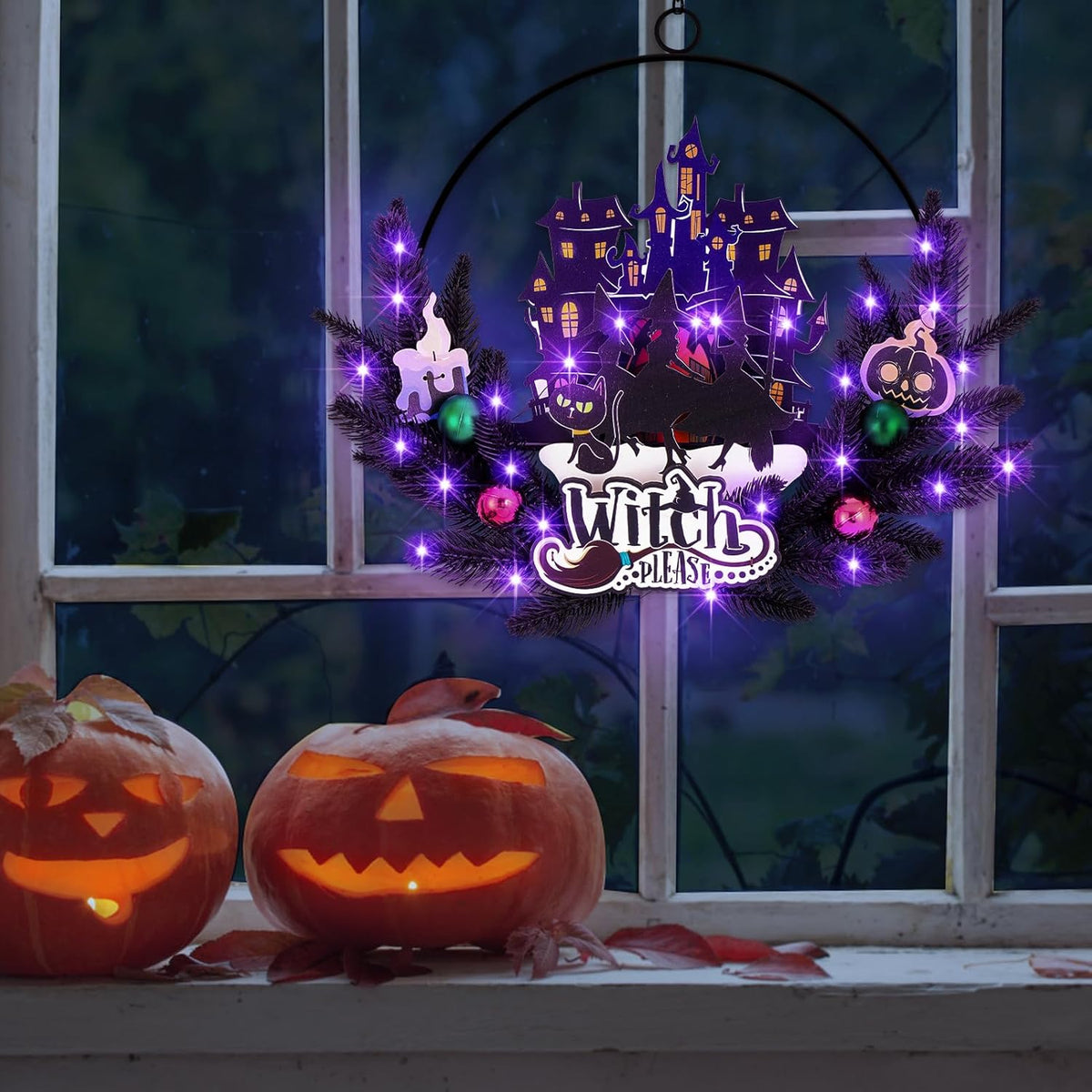 Lighted Halloween Wreaths for Front Door, Welcome Metal Wooden Door Wreath Decor Hanging Sign, 30 LED Lighted Wall Decor Battery Operated for Halloween Indoor Outdoor (Witch)