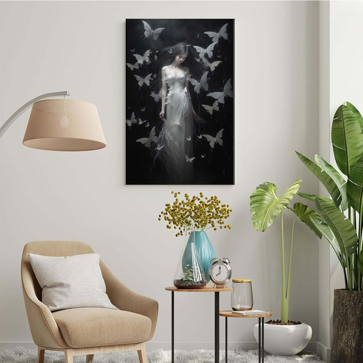Vintage Gothic Feminine Canvas Wall Art Print Butterfly Poster Moody Female Wall Art Retro Artwork Dark College Decor for Home Bedroom8x12in Wood Framed