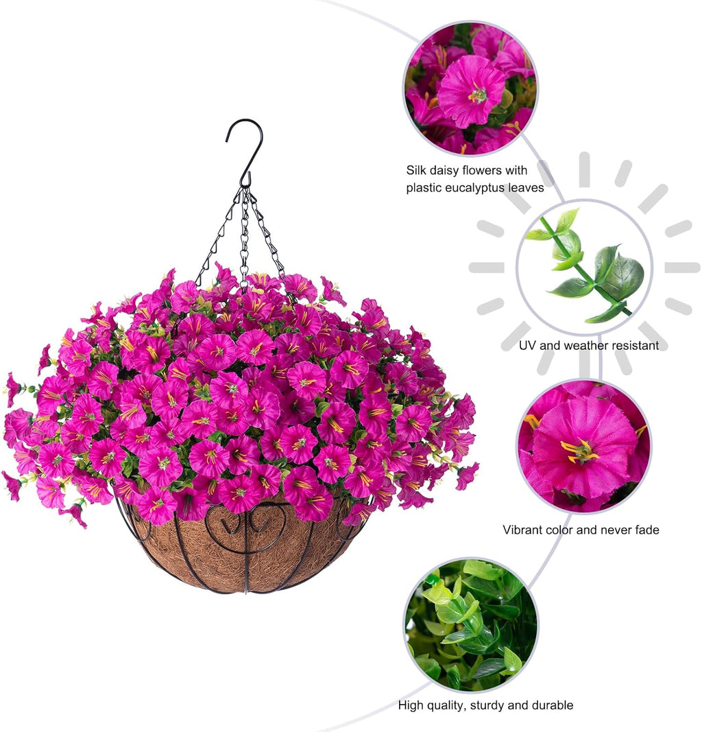 Ivydale Artificial Silk Hanging Plants Flowers Basket for Outdoor Outside Summer Decoration, Fake Faux UV Sun Resistant Look Real Morning Glory Fuchsia for Porch Patio Balcony Home