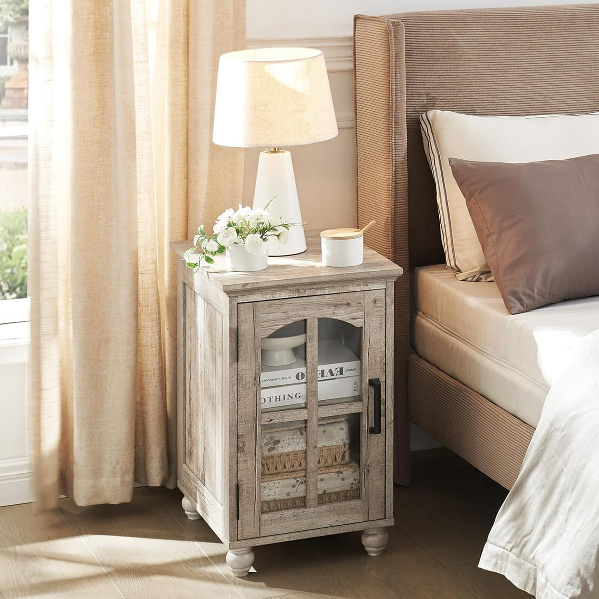 Narrow Side Table,Farmhouse Nightstand with Charging Station,Wood End Table with Glass Barn Door Storage, Cabinet Organizer with Adjustable Shelf, Night Stand for Small Spaces for Living Room Bedroom