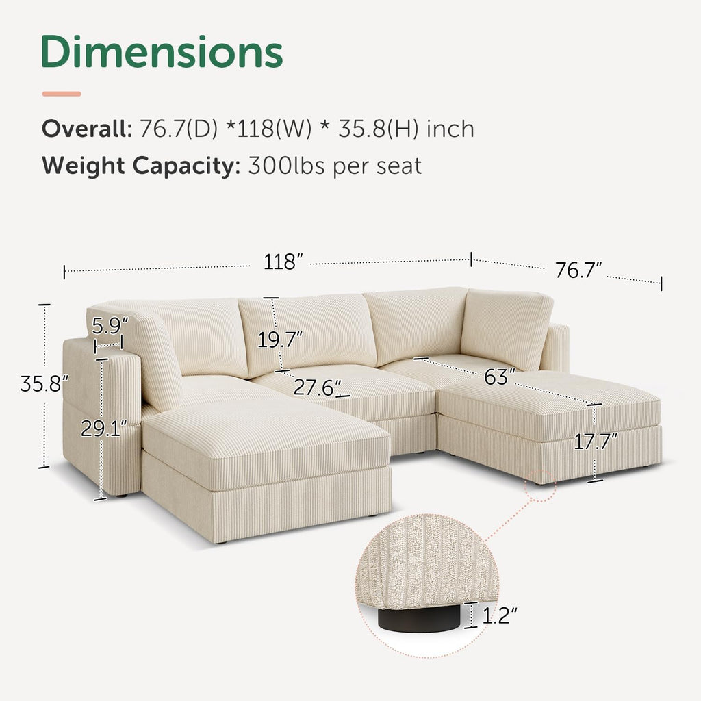 HONBAY Modular Sectional Sofa with Storage Corduroy U Shaped Sofa Modular Sectional Couches for Living Room,Beige