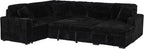 THSUPER 122-Inch Oversized U Shaped Plush Corduroy Fluffy Sectional Sleeper Sofa with Pull Out Bed, Storage Chaise Lounge and USB Charging Port - Black