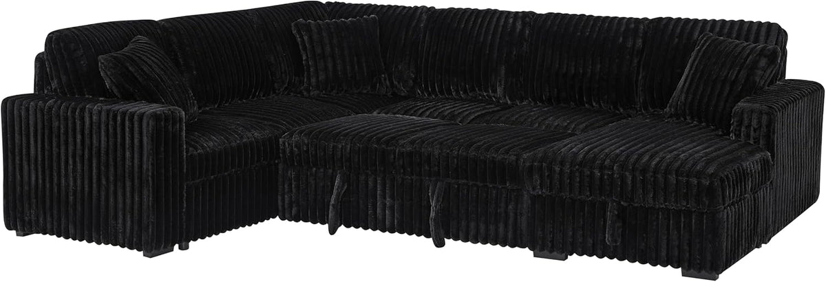 THSUPER 122-Inch Oversized U Shaped Plush Corduroy Fluffy Sectional Sleeper Sofa with Pull Out Bed, Storage Chaise Lounge and USB Charging Port - Black