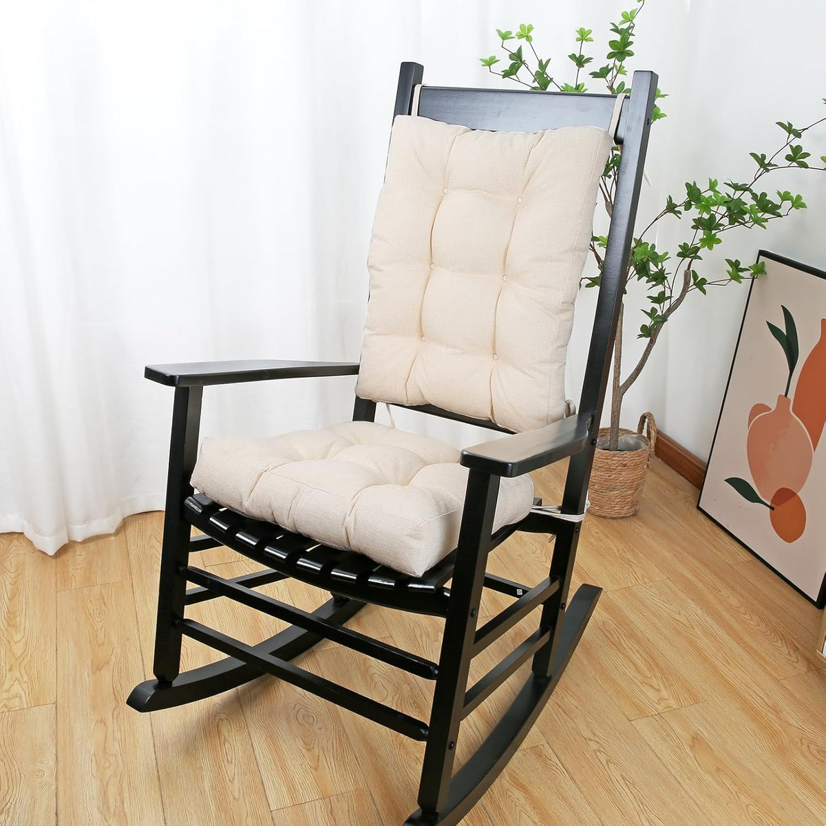 BUYUE Chair Cushion Set for Rocking Chair, Back Pillow & Seat Cushion with Ties, Original Woven Fabric Non-Slip Chair Pads for Elderly Sitting, Beige