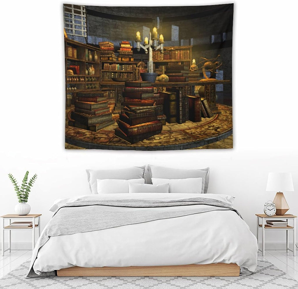 Kurtect Library Tapestry,Vintage Medieval Bookshelf Wooden Bookcase Antique Magic Art Tapestries for Party Beach Picnic Blankets Tablecloths Living Room Wall Deocr, 50x60 in