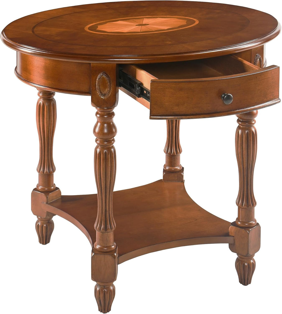 Solid Wood End Table with Drawer and Storage Shelf, Oval Sofa Side Table with Carved Legs, Living Room Corner Table, Large Beside Table, Elegant Vintage, No-Tools Assembly, Caramel Brown CJZ1533MG