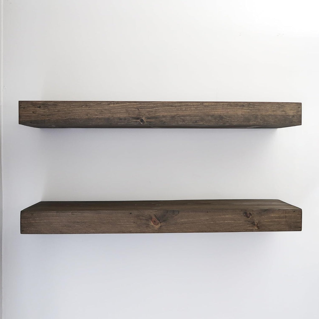 Modern Floating Shelves 3 Inches Thick for Wall, Wide Shelves for Kitchen, Living Room, Bedroom, and Bathroom, Natural Pine Wood, Rustic Wooden Shelf, (Set of 2) (Jacobean, 60Lx3Hx8D)