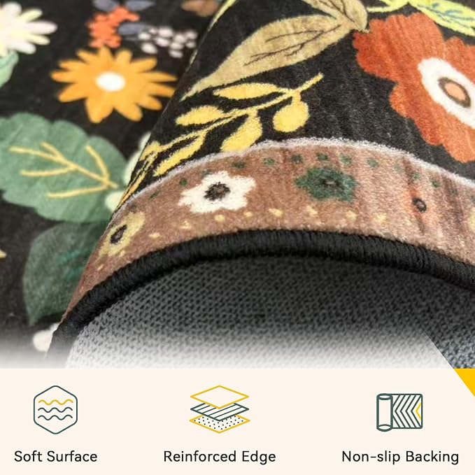 RELEANY Floral Washable 3x5 Area Rugs Black/Yellow | Flower Carpet Print Boho - Image 3