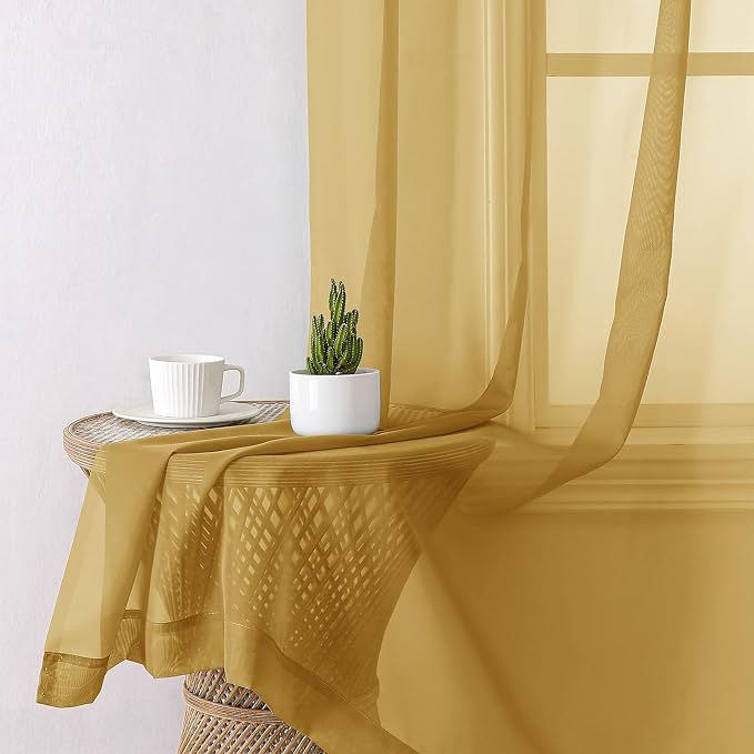 Gold Sheer Curtains 54 Inch Length 2 Panels, Light Filtering Voile Curtain - Image 8